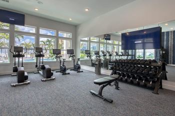 a gym with cardio machines and weights in a large room with windows
